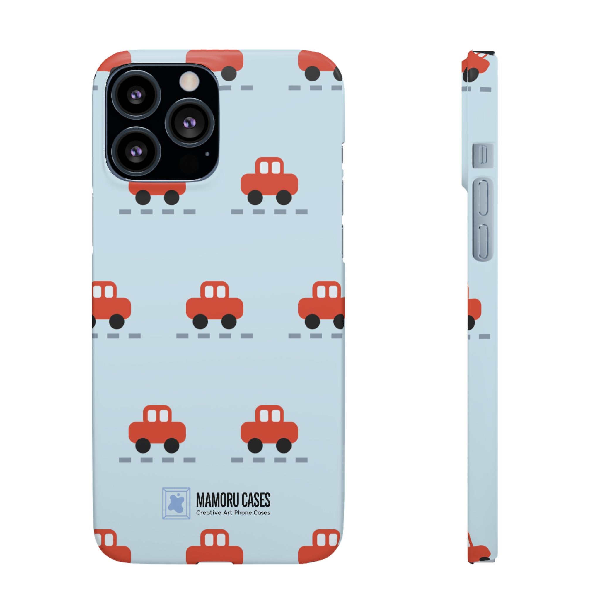 Phone Case - Cute Red Car Pattern on Light Blue (Kids & Travel)