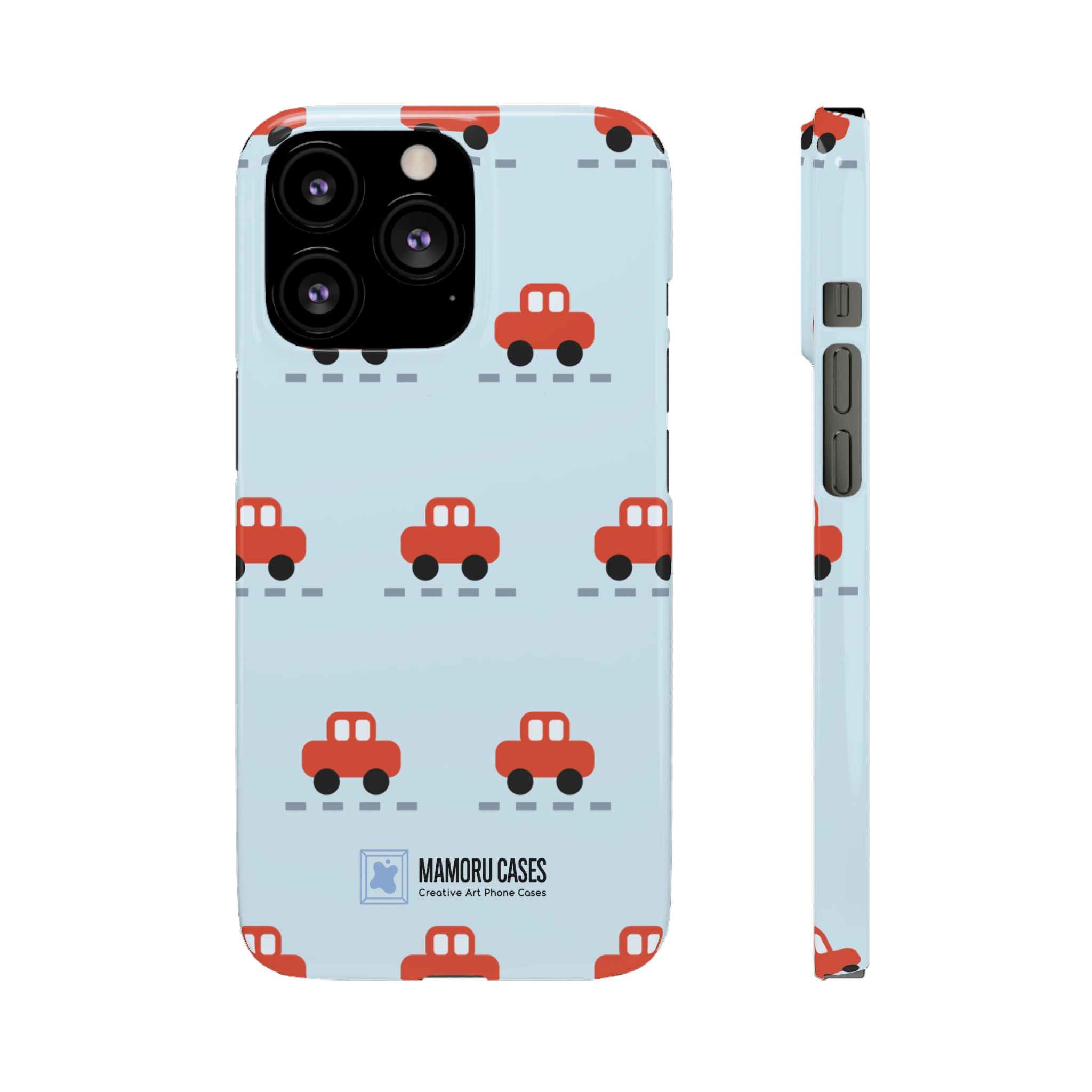 Phone Case - Cute Red Car Pattern on Light Blue (Kids & Travel)