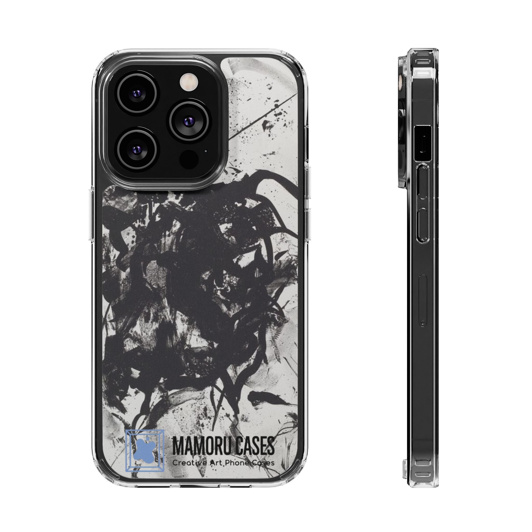 Mamoru Cases | Clear Abstract Black Ink Splash Design