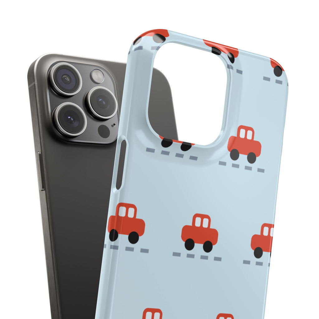 Phone Case - Cute Red Car Pattern on Light Blue (Kids & Travel)