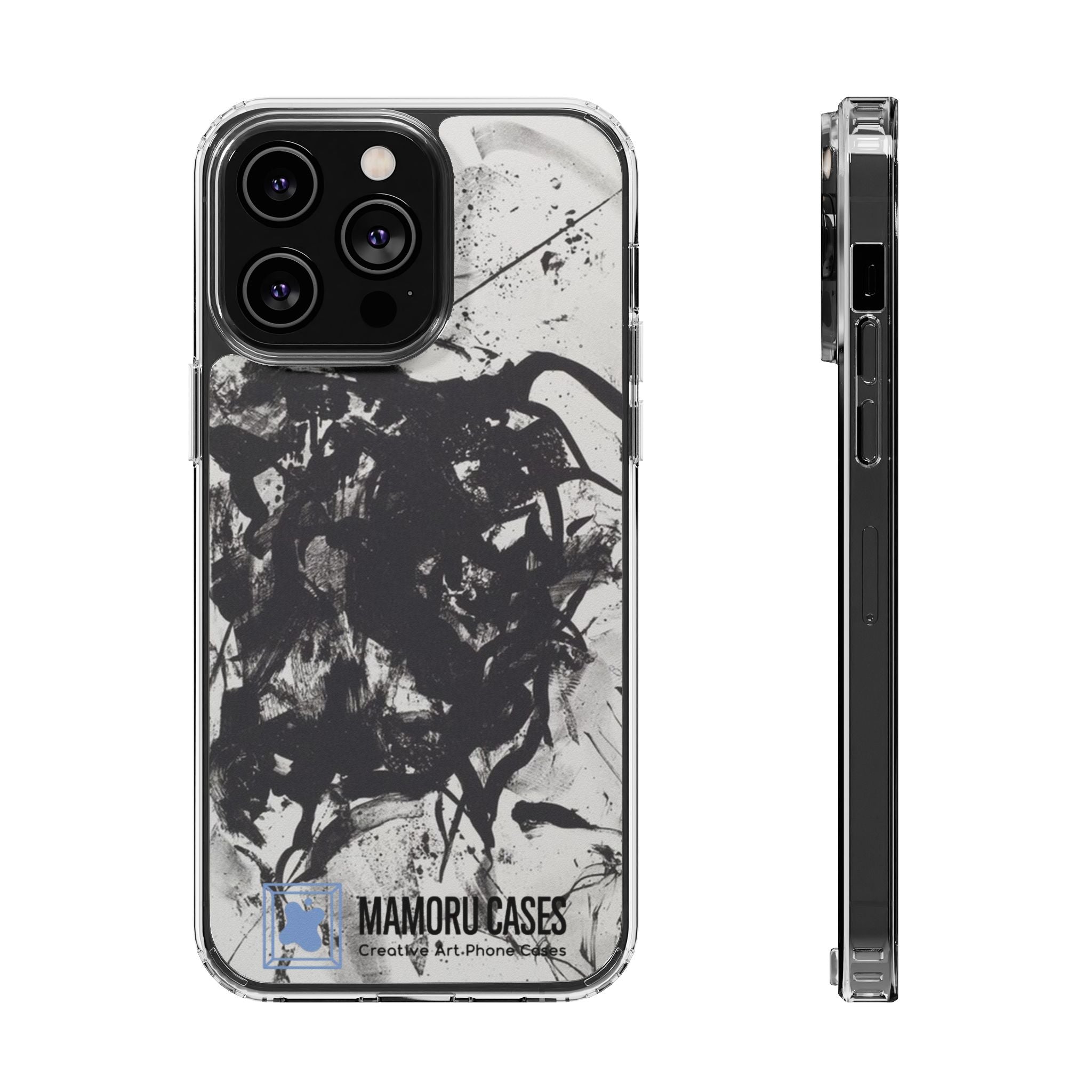 Mamoru Cases | Clear Abstract Black Ink Splash Design