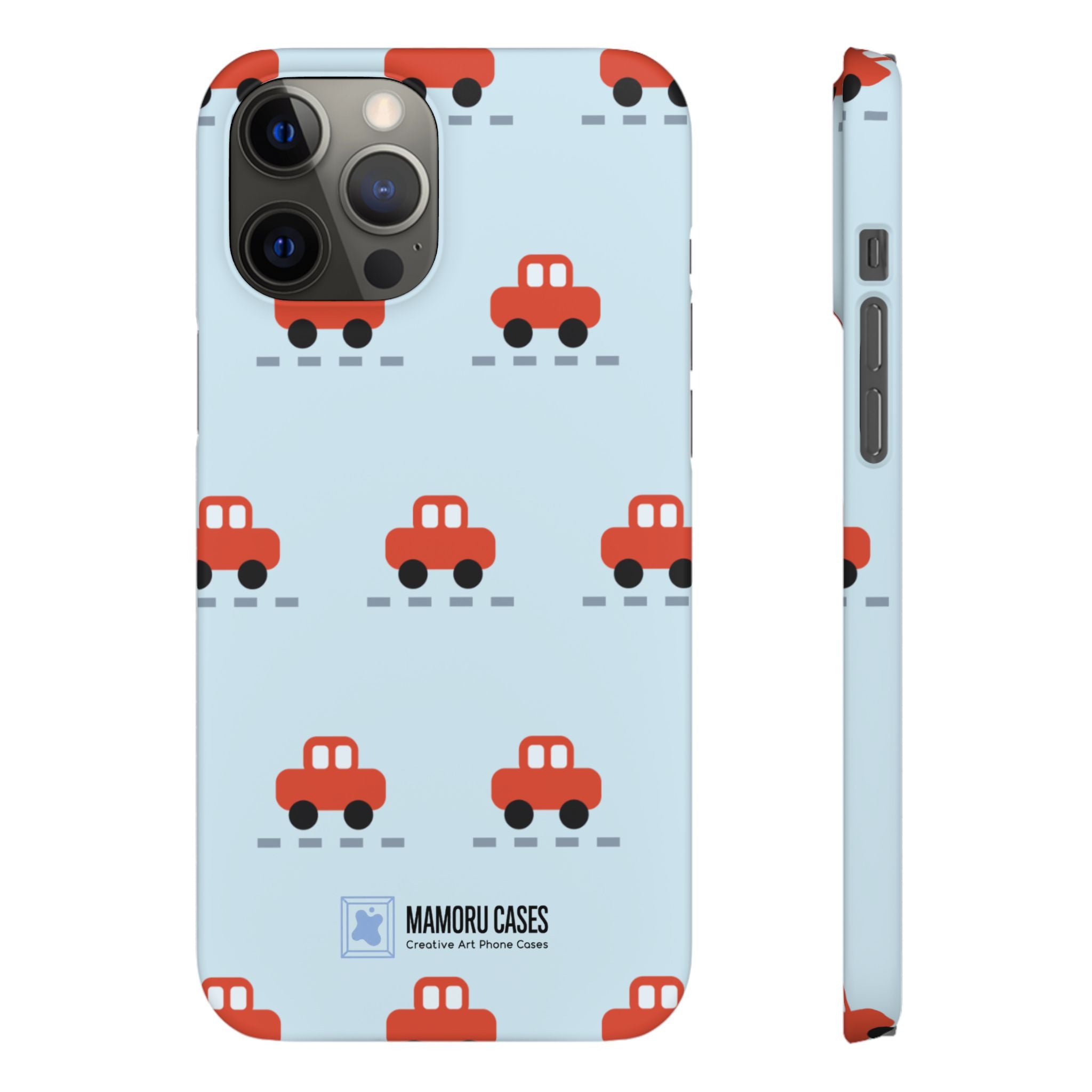 Phone Case - Cute Red Car Pattern on Light Blue (Kids & Travel)