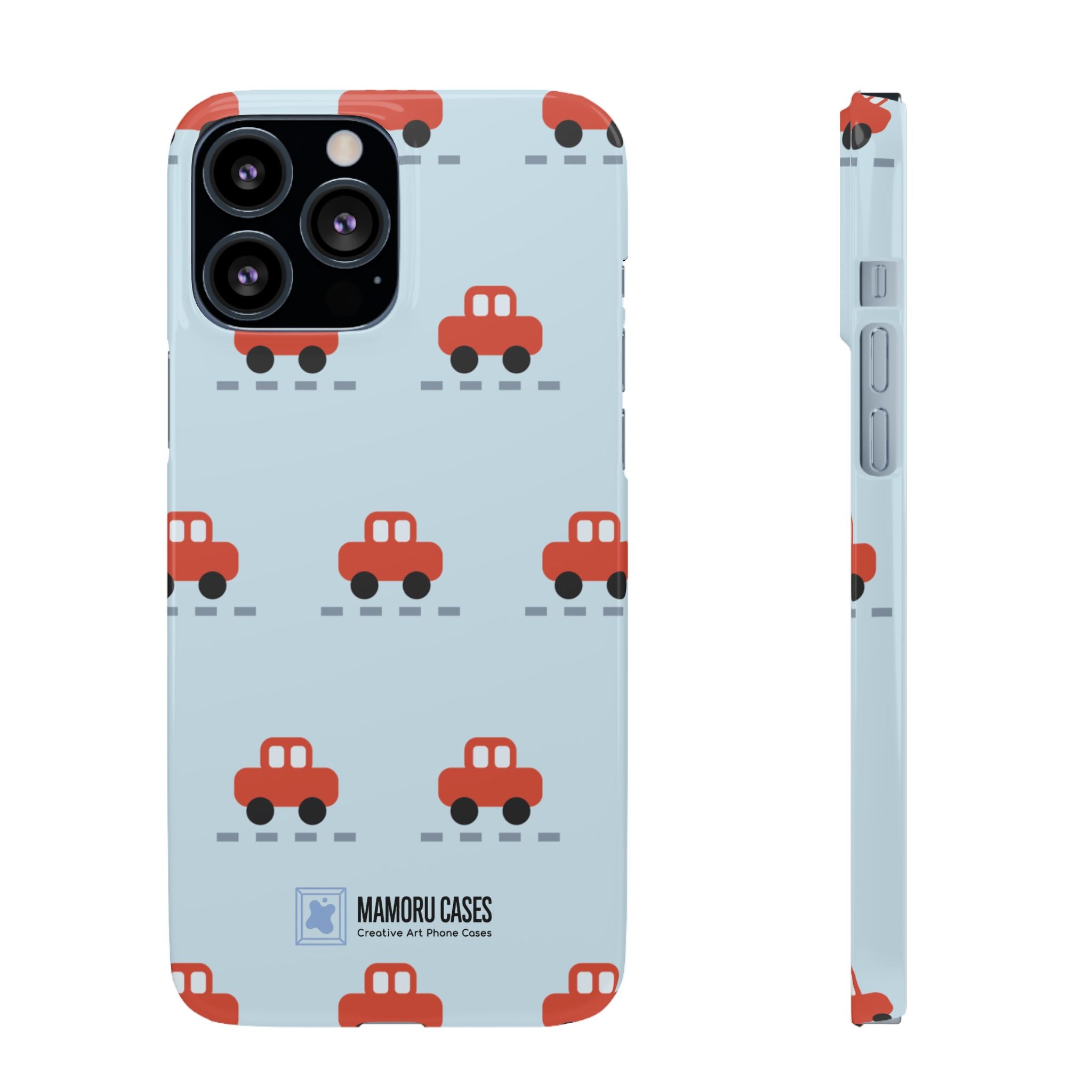 Phone Case - Cute Red Car Pattern on Light Blue (Kids & Travel)
