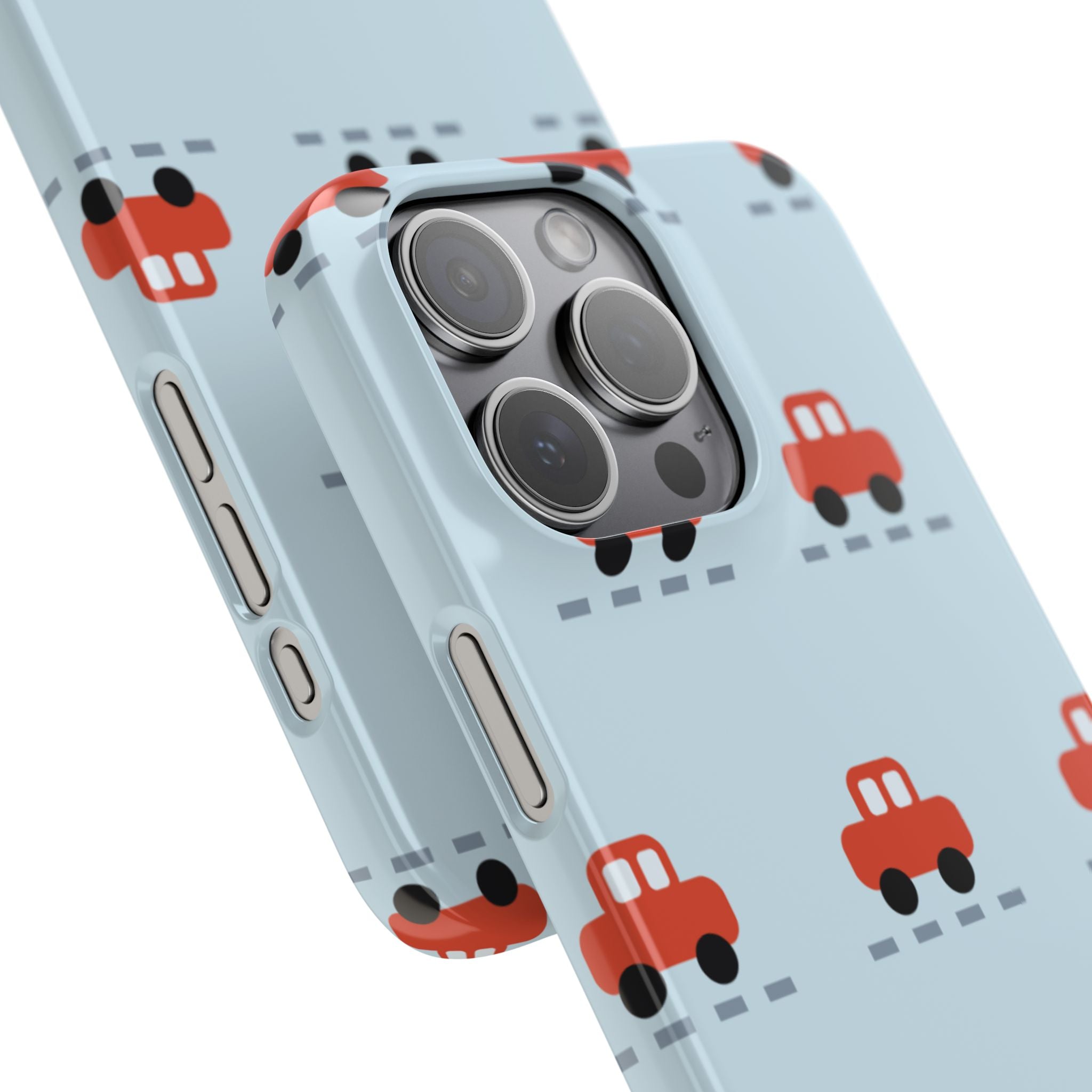 Phone Case - Cute Red Car Pattern on Light Blue (Kids & Travel)
