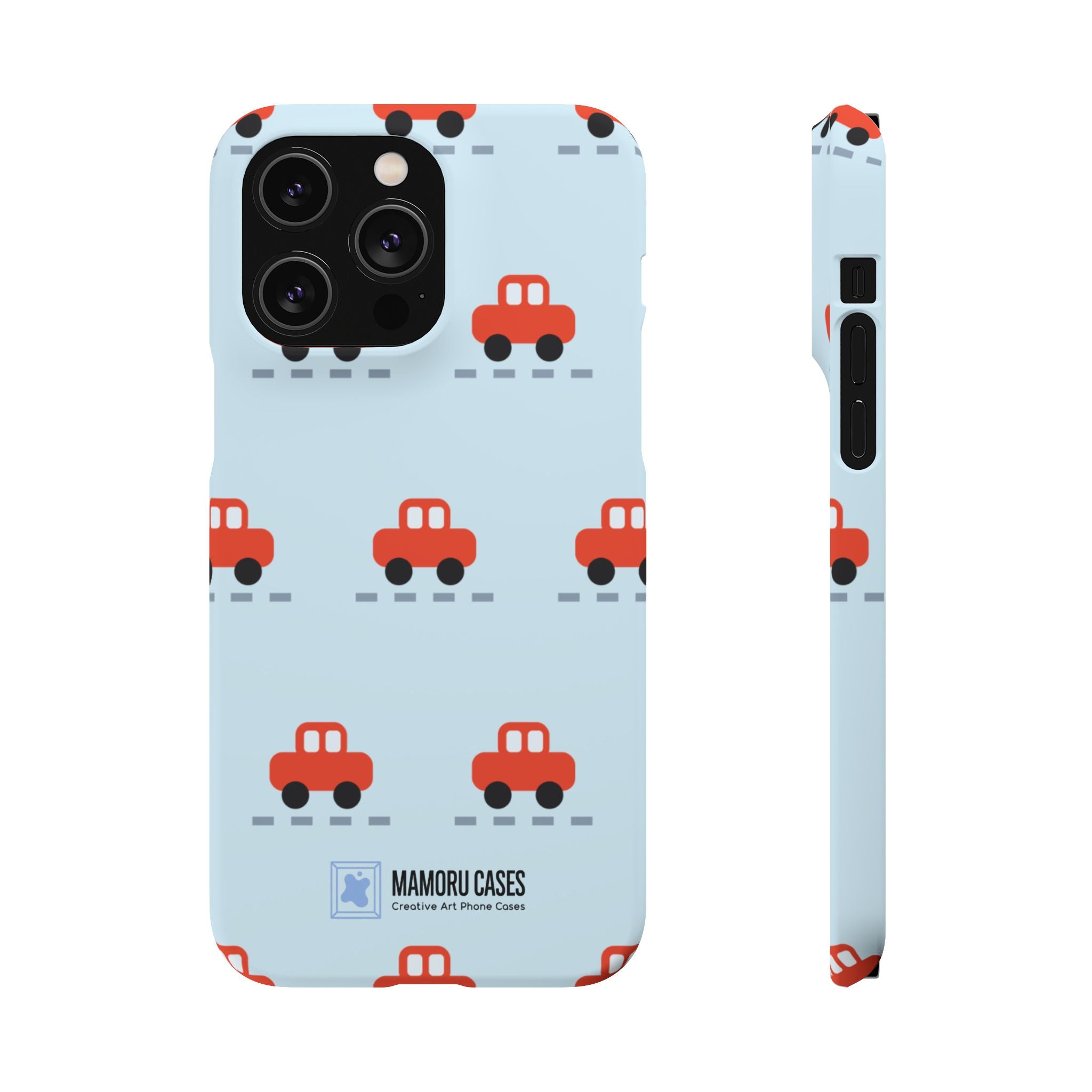 Phone Case - Cute Red Car Pattern on Light Blue (Kids & Travel)