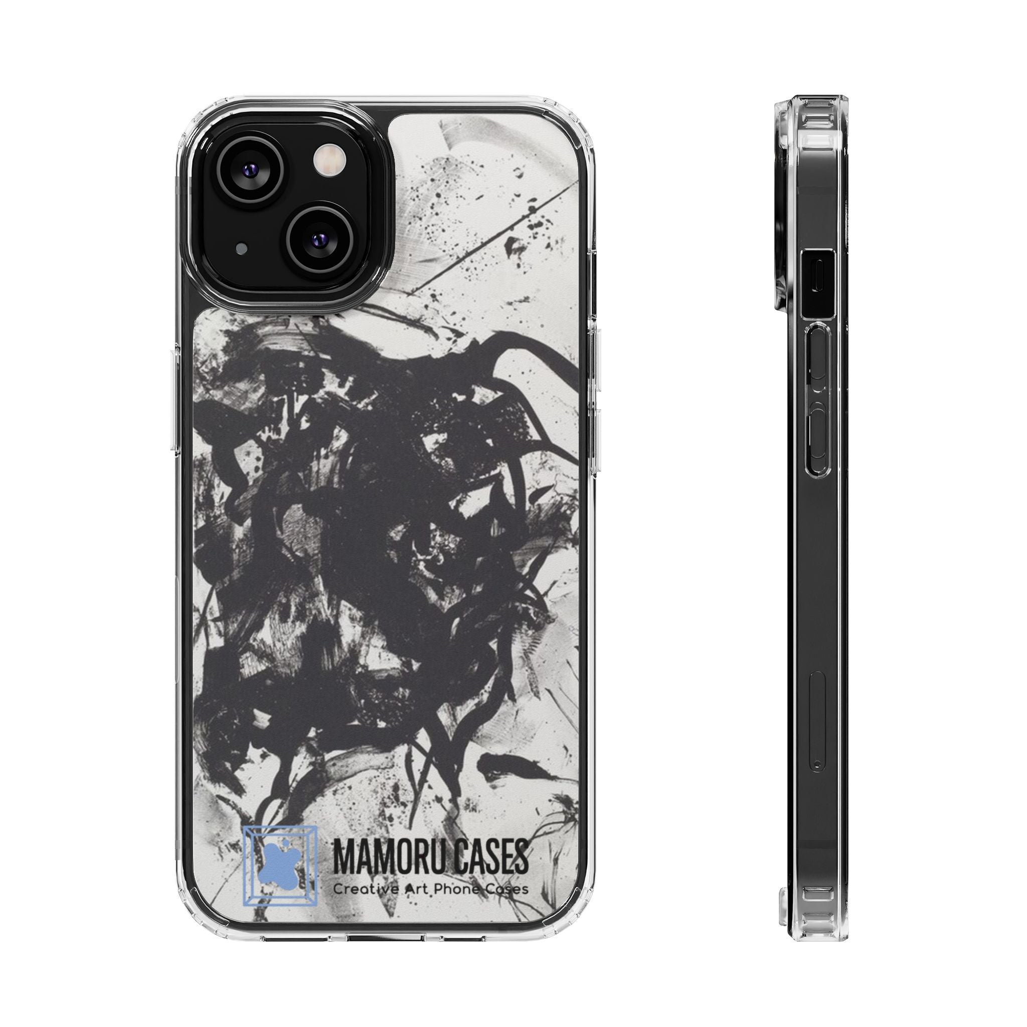 Mamoru Cases | Clear Abstract Black Ink Splash Design