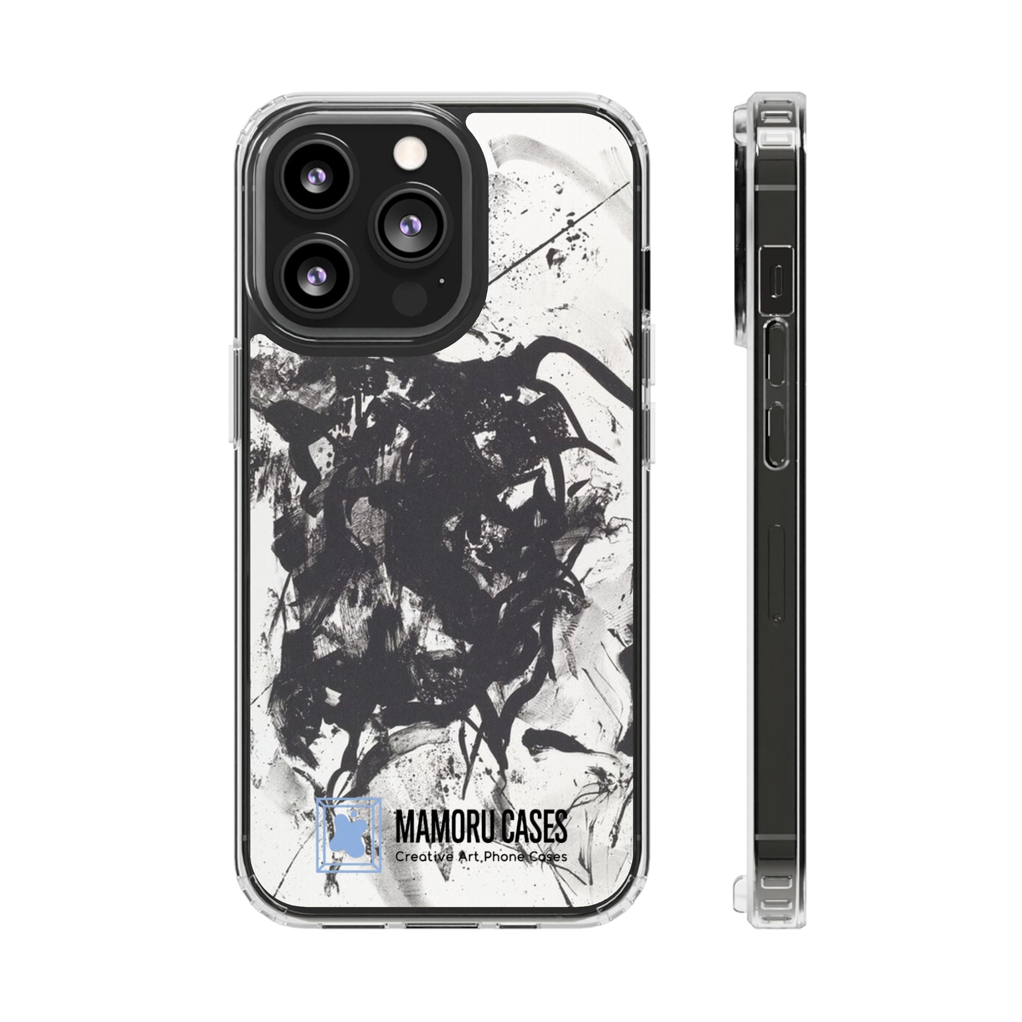 Mamoru Cases | Clear Abstract Black Ink Splash Design