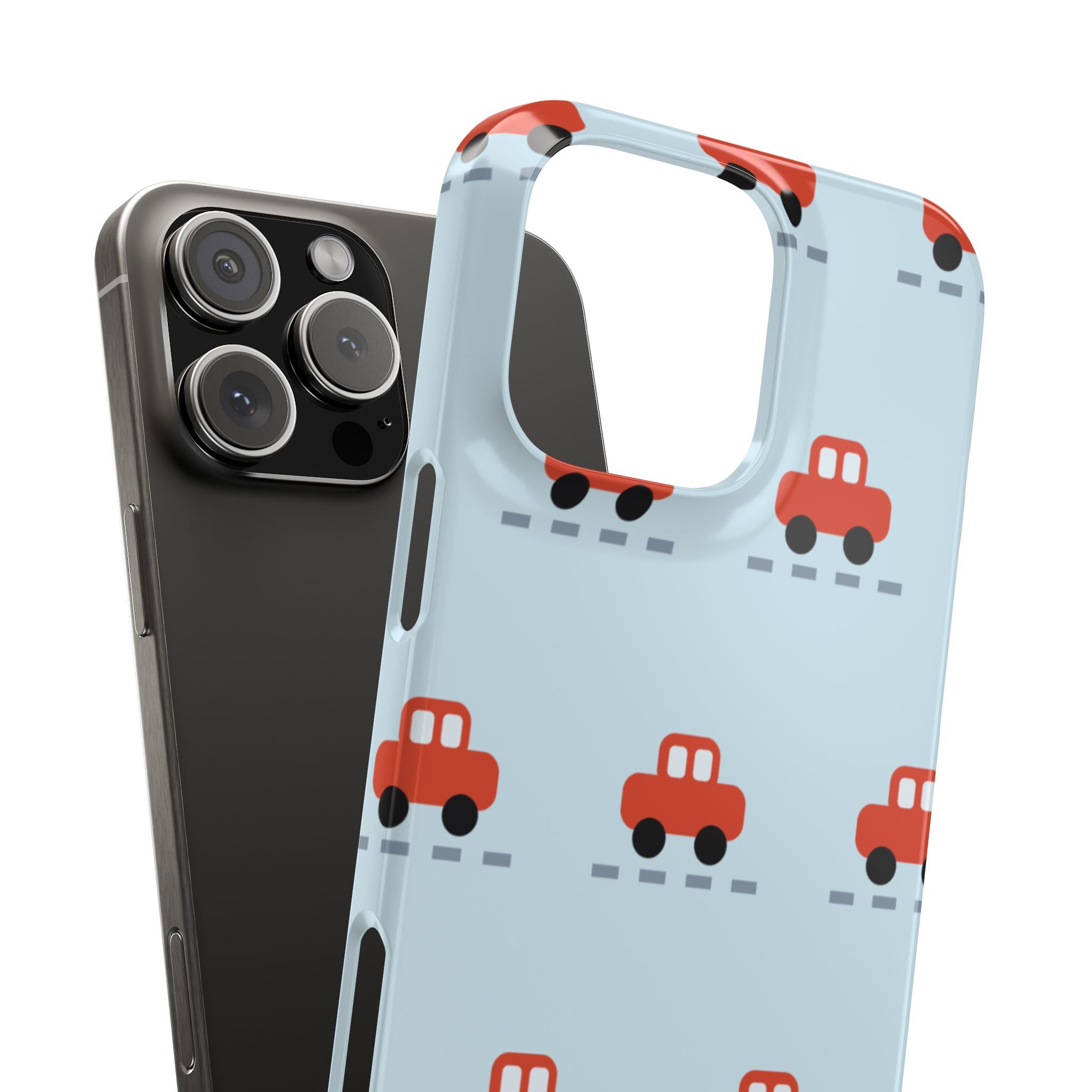 Phone Case - Cute Red Car Pattern on Light Blue (Kids & Travel)