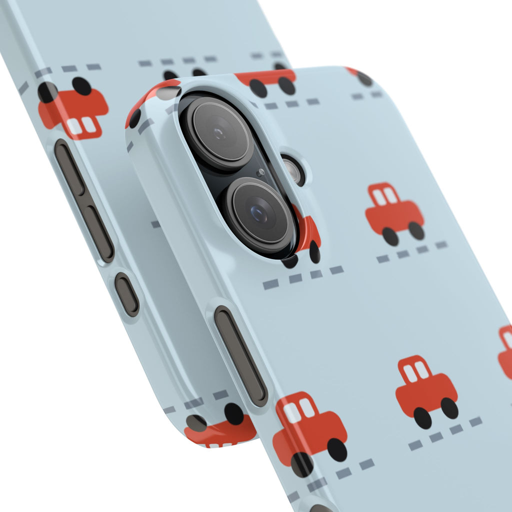Phone Case - Cute Red Car Pattern on Light Blue (Kids & Travel)