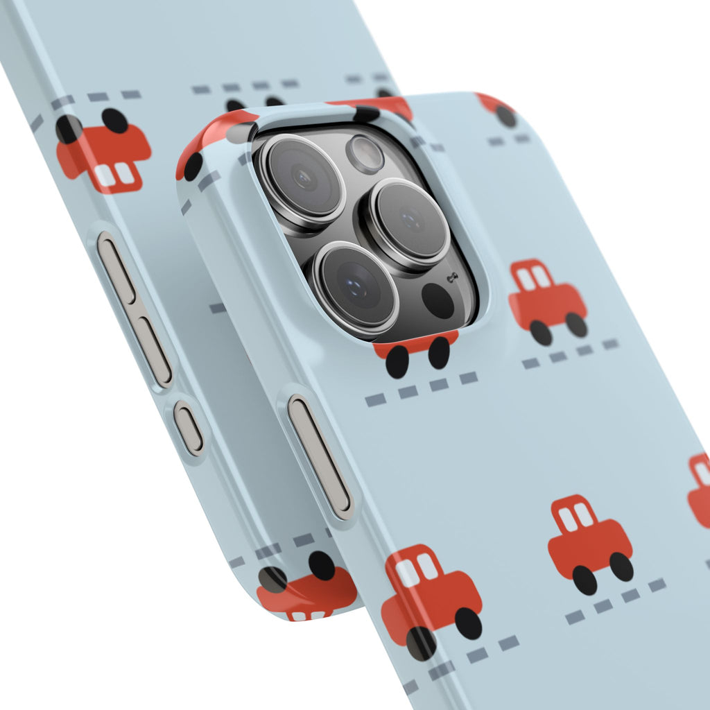 Phone Case - Cute Red Car Pattern on Light Blue (Kids & Travel)