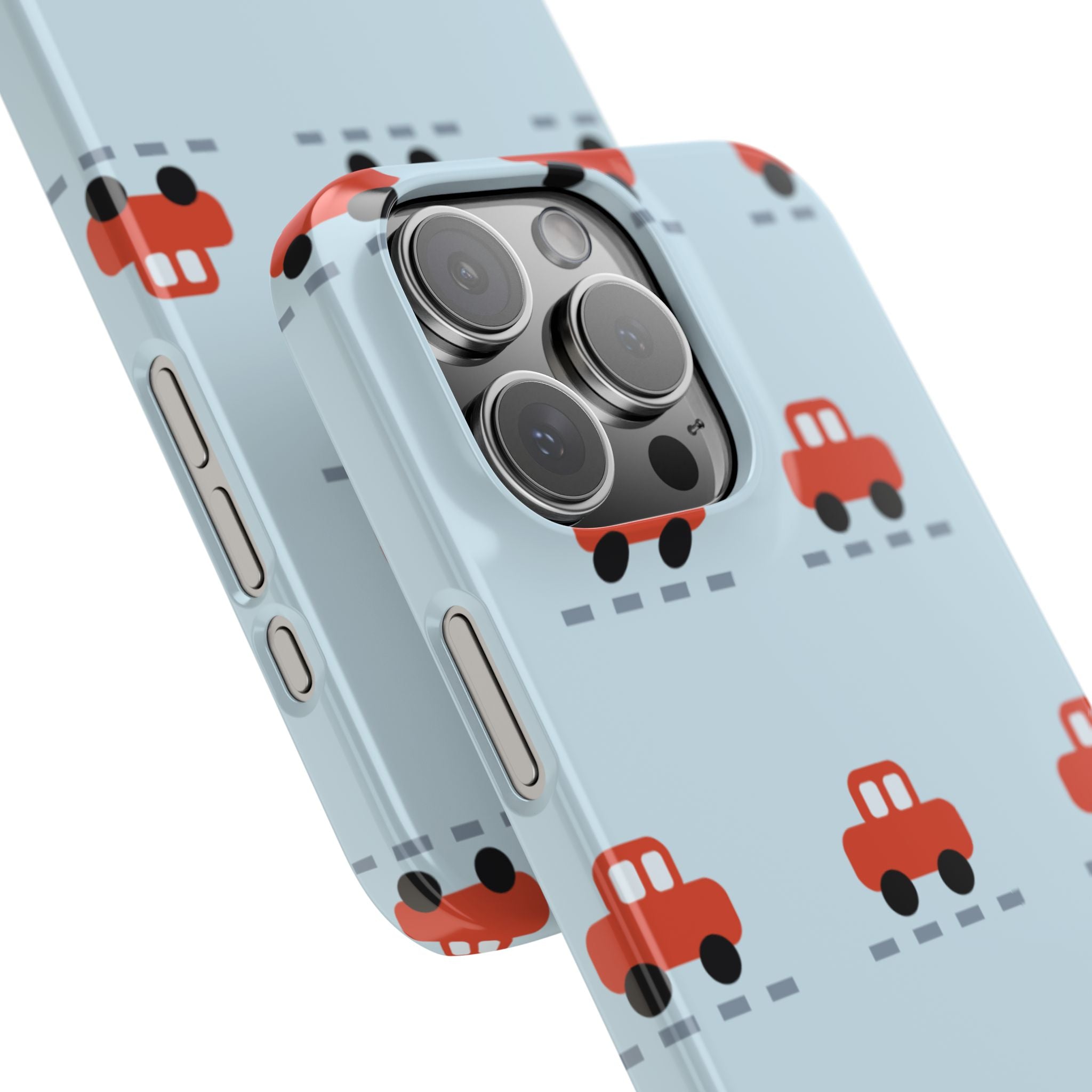 Phone Case - Cute Red Car Pattern on Light Blue (Kids & Travel)