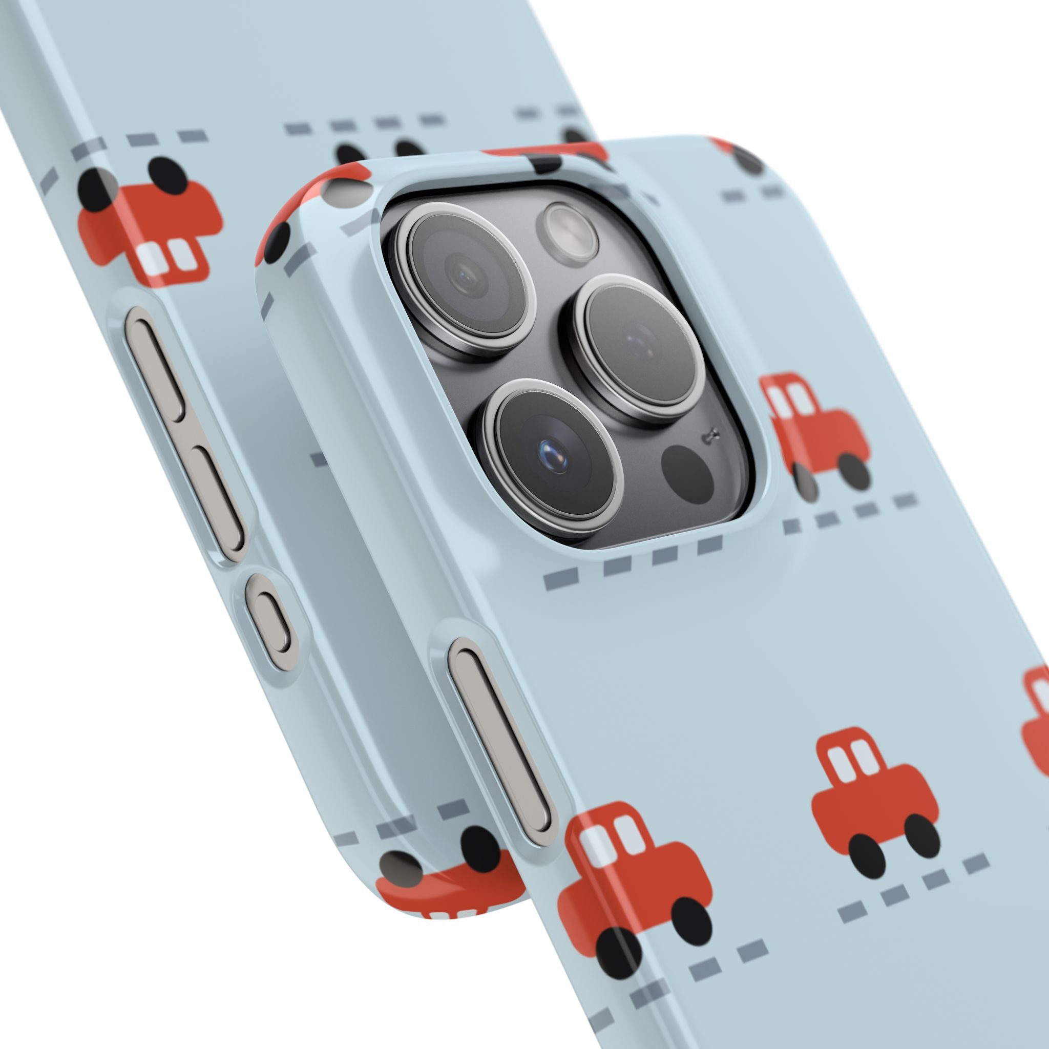 Phone Case - Cute Red Car Pattern on Light Blue (Kids & Travel)