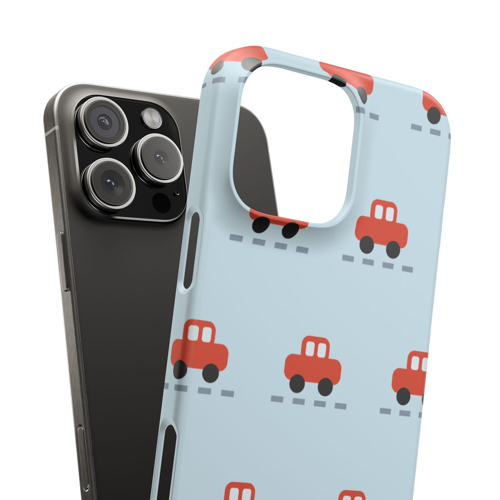 Phone Case - Cute Red Car Pattern on Light Blue (Kids & Travel)