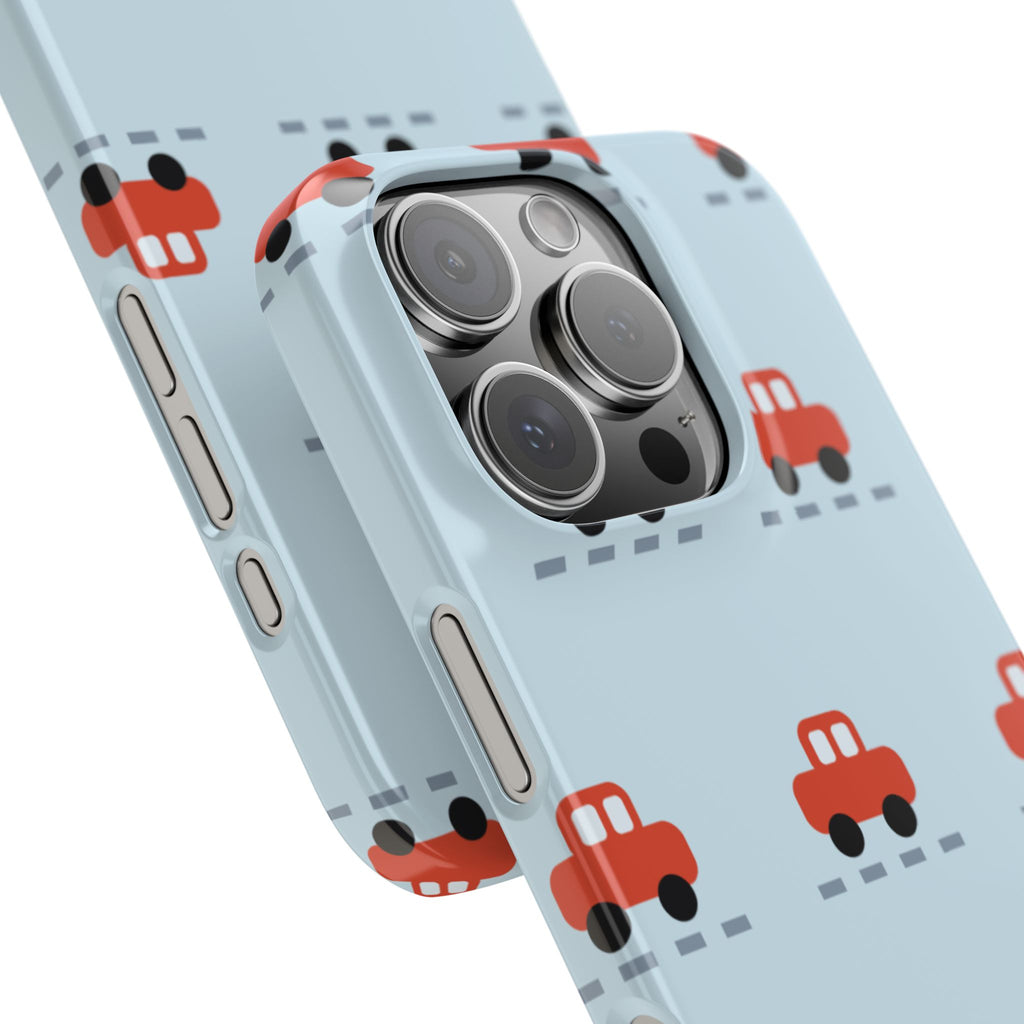 Phone Case - Cute Red Car Pattern on Light Blue (Kids & Travel)