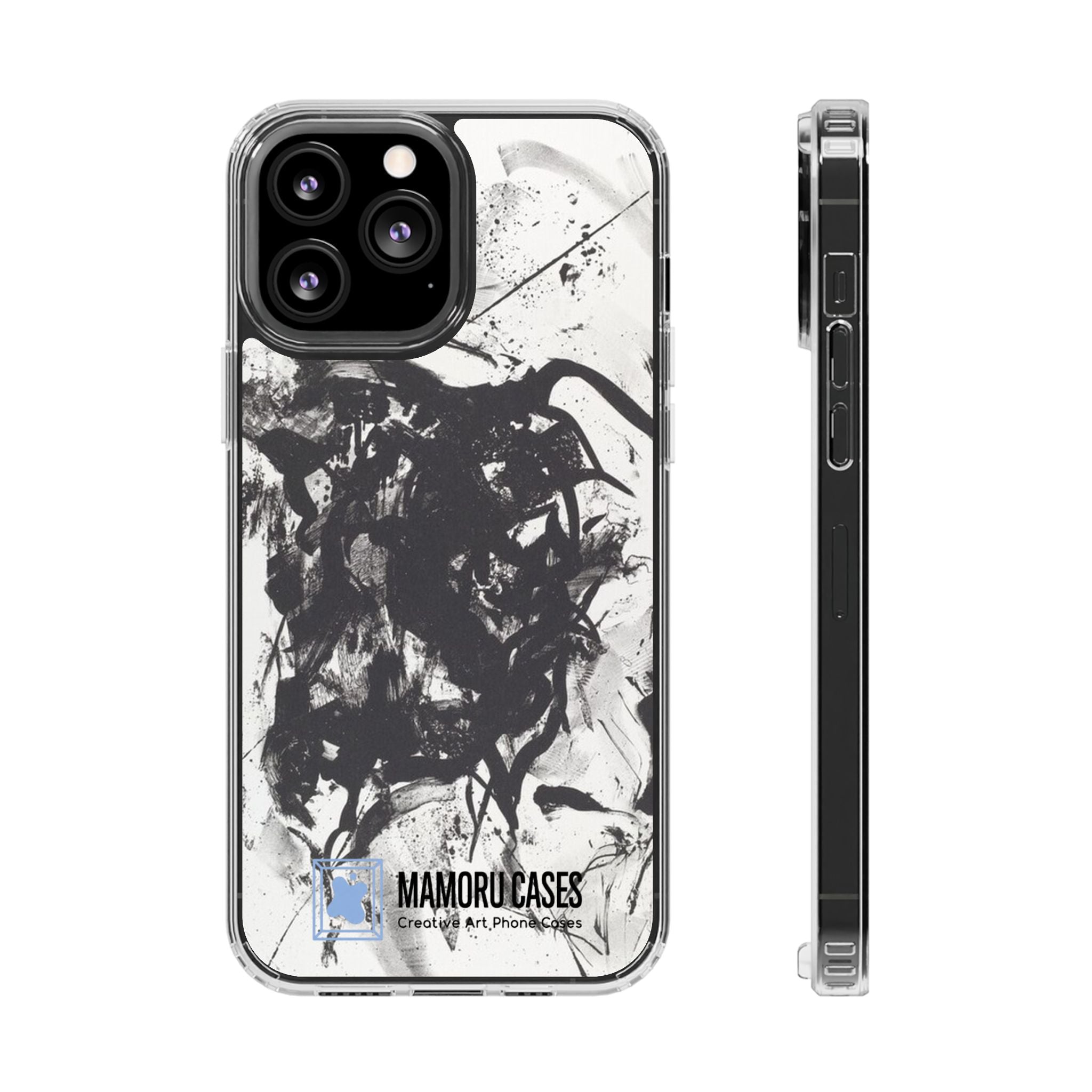 Mamoru Cases | Clear Abstract Black Ink Splash Design