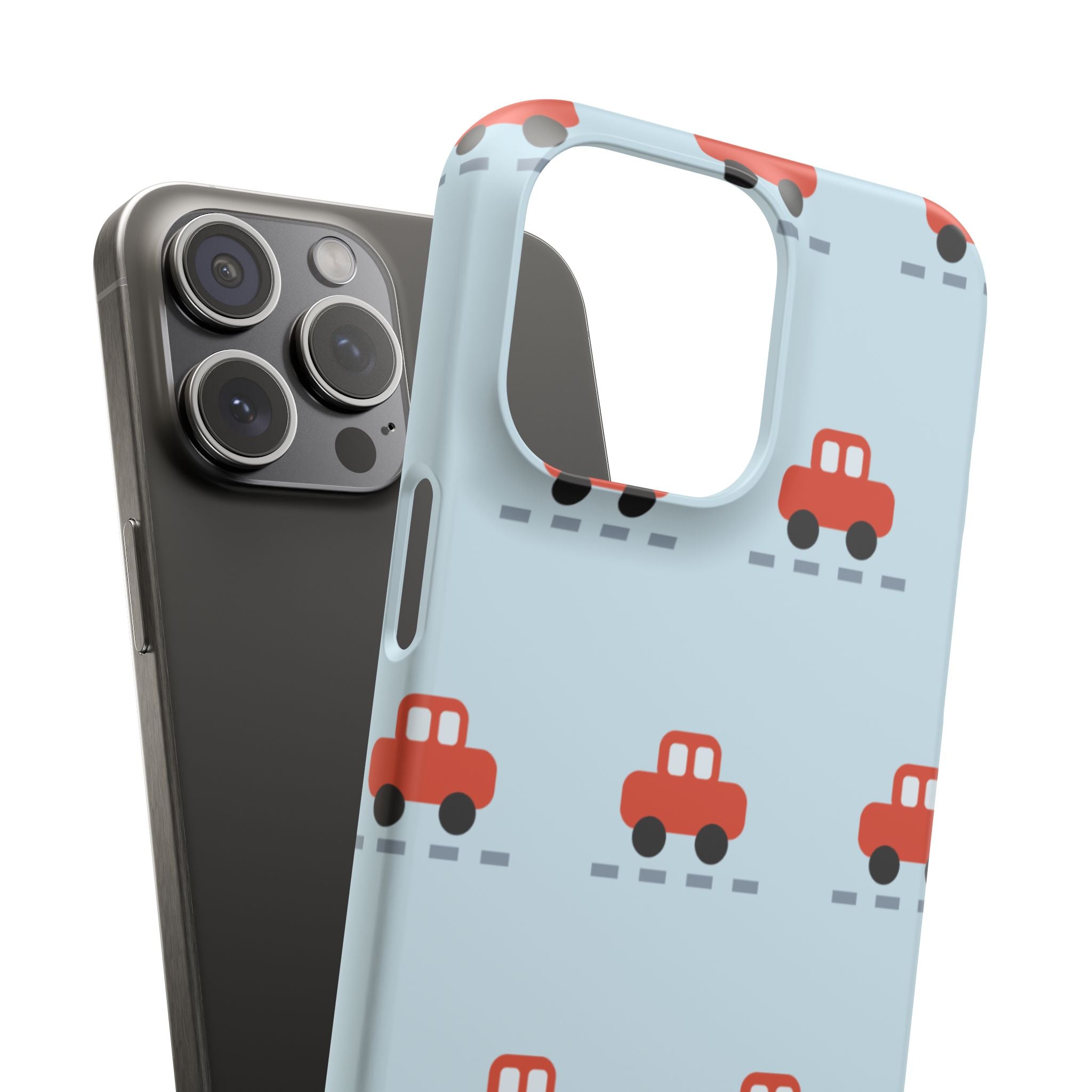 Phone Case - Cute Red Car Pattern on Light Blue (Kids & Travel)