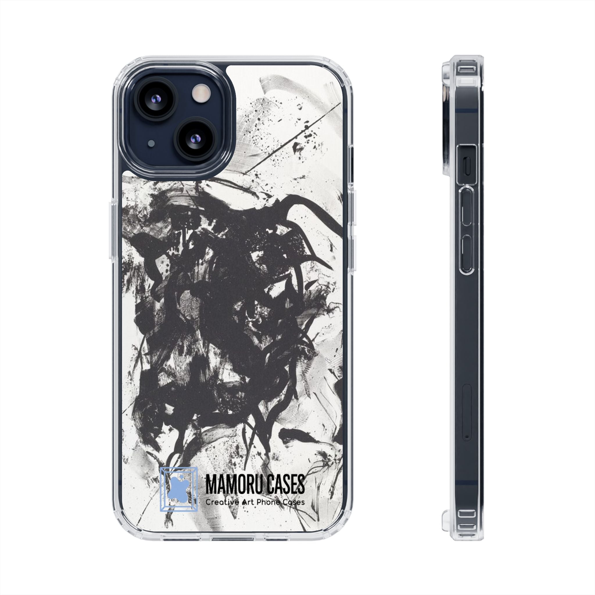 Mamoru Cases | Clear Abstract Black Ink Splash Design