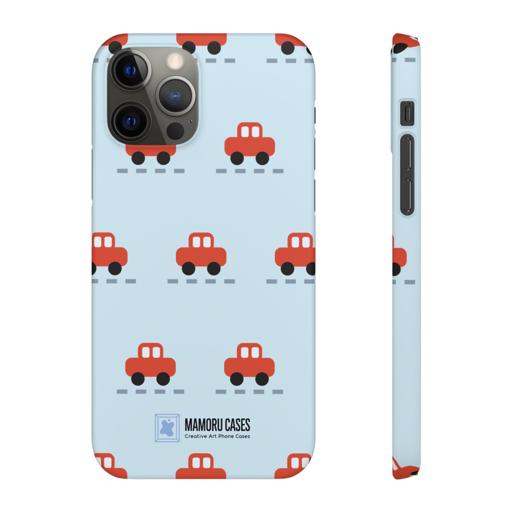 Phone Case - Cute Red Car Pattern on Light Blue (Kids & Travel)