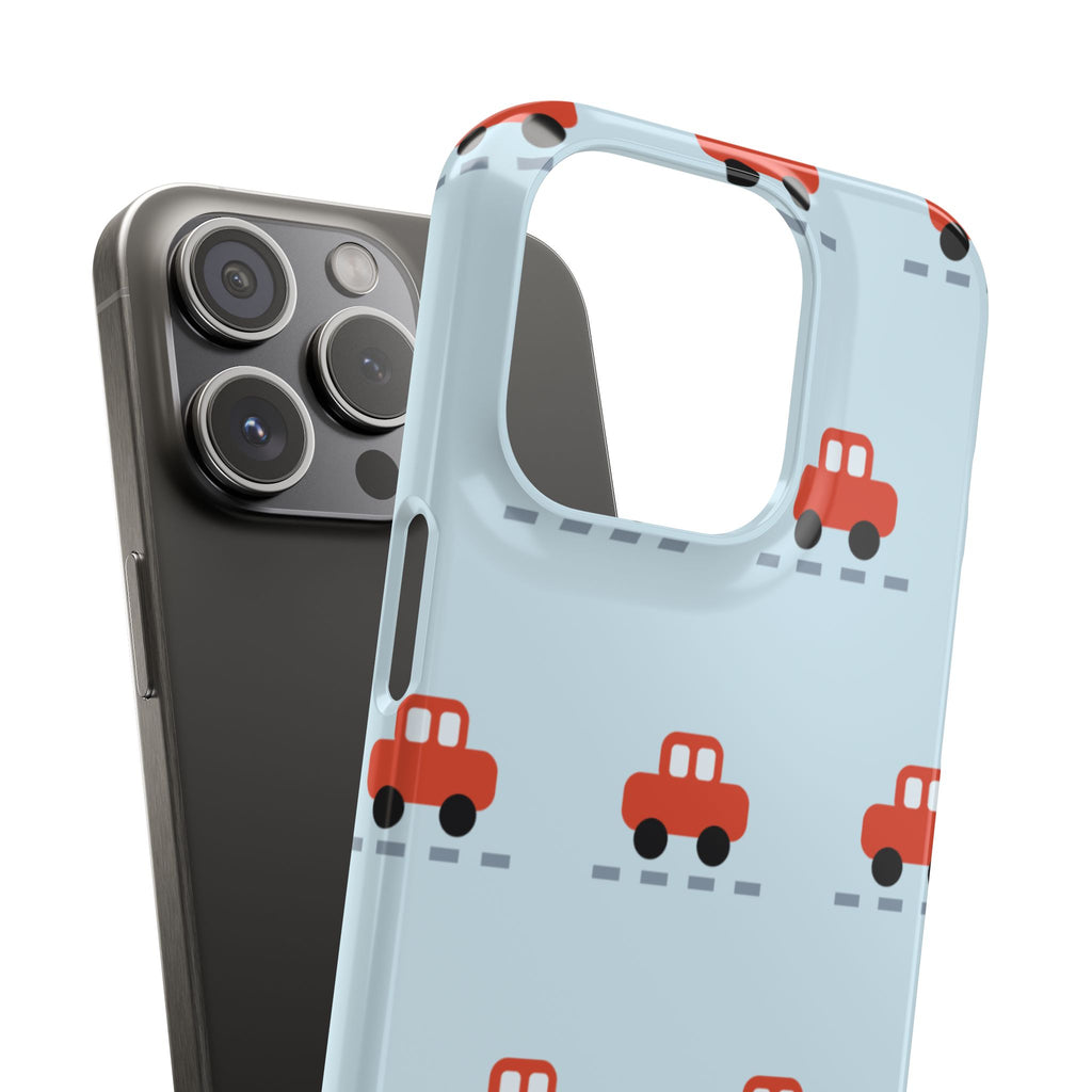 Phone Case - Cute Red Car Pattern on Light Blue (Kids & Travel)