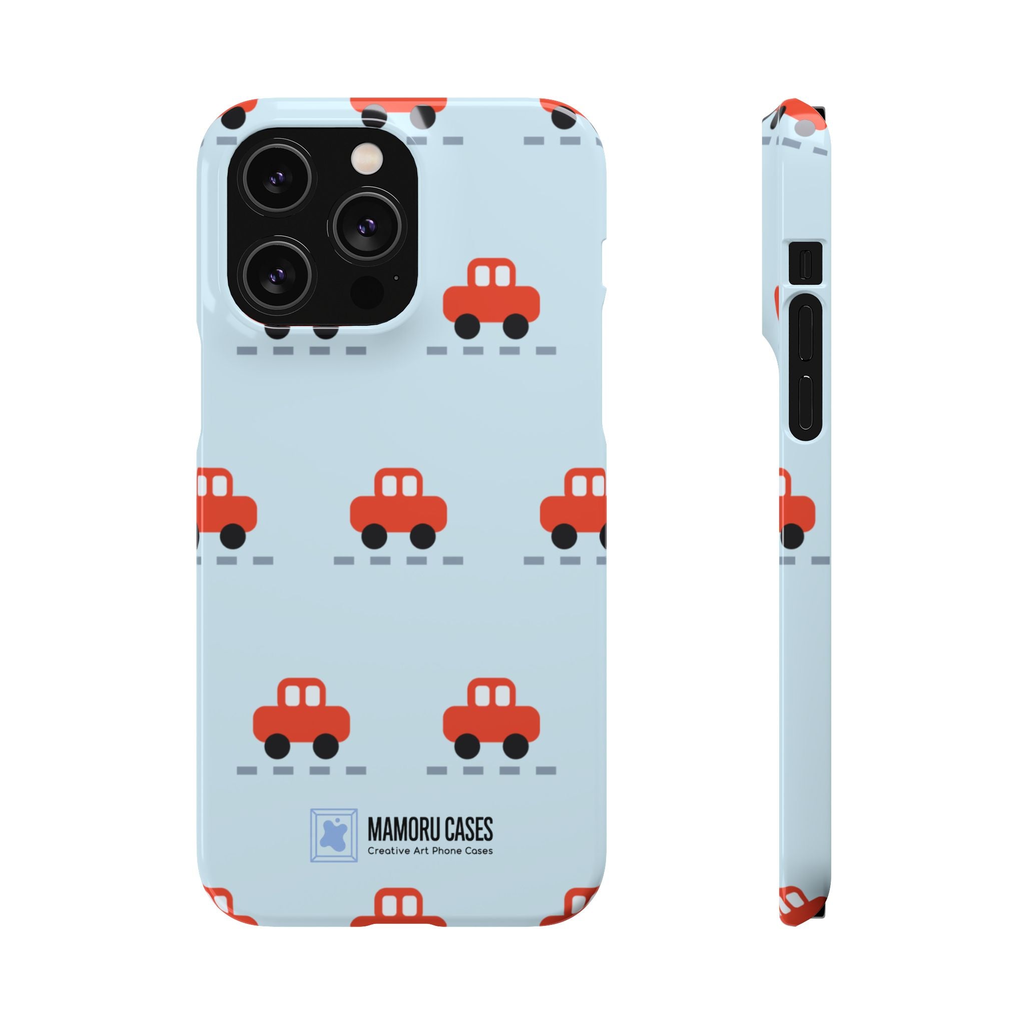 Phone Case - Cute Red Car Pattern on Light Blue (Kids & Travel)