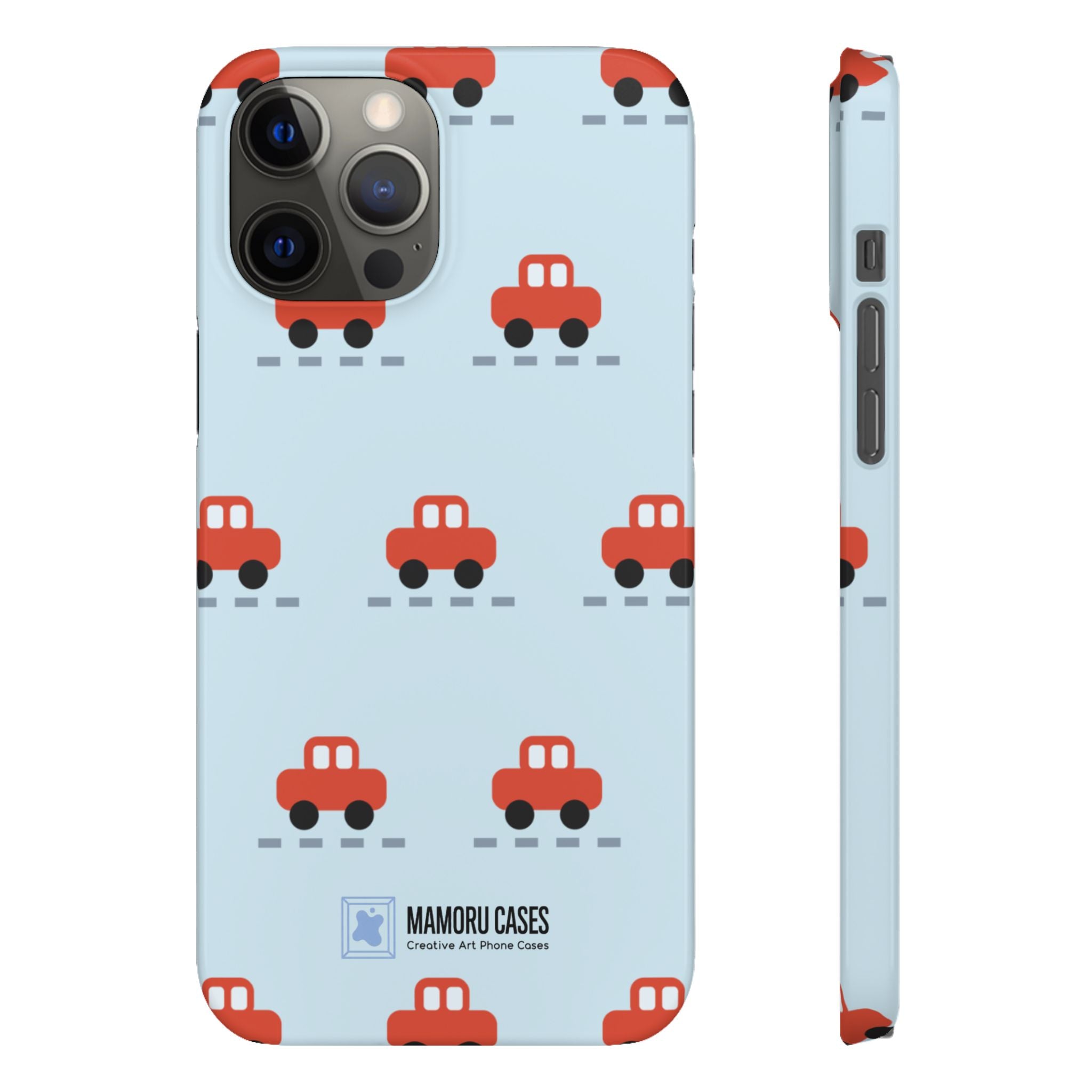 Phone Case - Cute Red Car Pattern on Light Blue (Kids & Travel)
