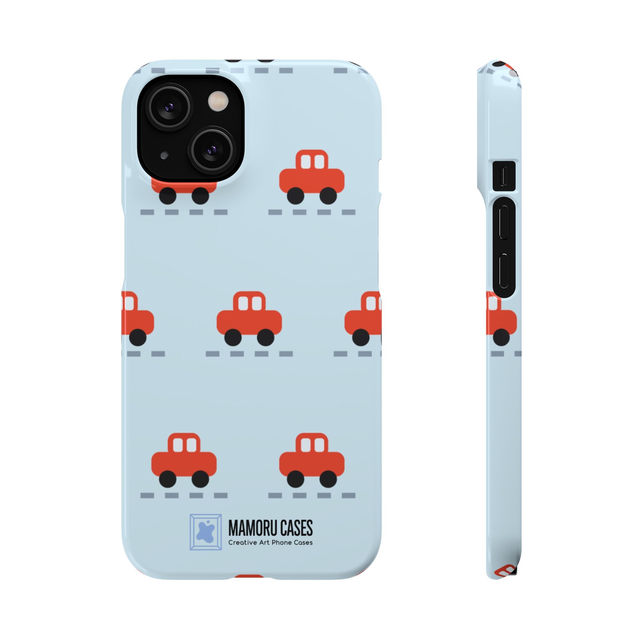 Phone Case - Cute Red Car Pattern on Light Blue (Kids & Travel)